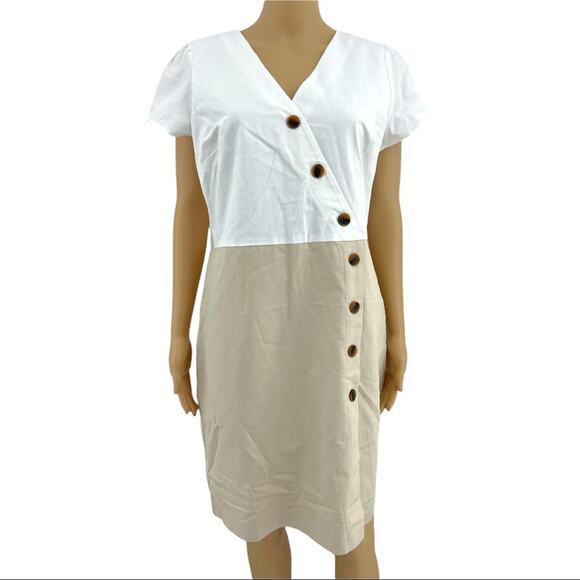 Ann Taylor US 12 Petite Cream LINEN Blend Short Sleeve Sheath Midi Dress NWT - Picture 1 of 10